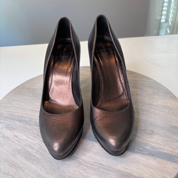 Authentic Gucci Metallic Bronze Brown Leather Platform Heels Pumps US Size 8.5 B - Picture 4 of 10